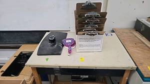 lot 85 image: Singer Mechanical Sewing Machine, Rolling Desk Chair, Table, box of clipboards