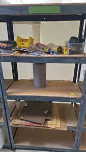 lot 91 image: Metal Shelving Unit, 4 Shelves, contents included.