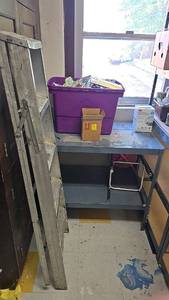 lot 96 image: Metal Step Ladder, 4 Steps, metal cart, tub of magazines.