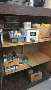 lot 98 image: Art Supplies Storage Cabinet, Wooden, with Ruler and Art Supplies, all contents inside bookcase.