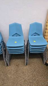 lot 104 image: (10) Blue Stackable Chairs, Metal Frame, Plastic Material