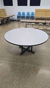 lot 114 image: 48 Round Folding Table, White Top, Metal Cross Legs