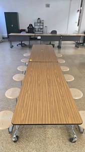 lot 116 image: 12-Foot Folding Cafeteria Table with 12 Stools, Metal Frame, Wood Grain Top