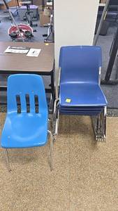 lot 120 image: (6) Stackable Blue and Dark Blue Metal Frame Chairs, Plastic Seat and Backrest