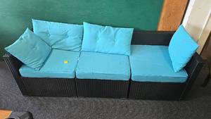 lot 123 image: Outdoor Sofa, RattanWicker, Black Frame, Blue Cushions, 3-Seater