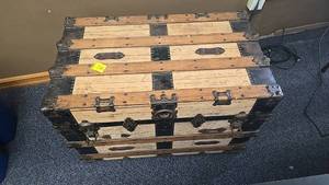 lot 130 image: Antique Wooden Steamer Trunk, Wood with Metal Accents, 32x18x24