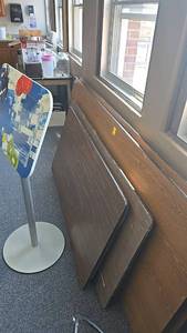 lot 134 image: (4) Folding Tables, Wood Veneer, Metal Legs, Wood Grain Finish