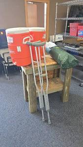 lot 138 image: Custom Wooden Workbench, (2) water coolers, set of crutches, sun shelter tent