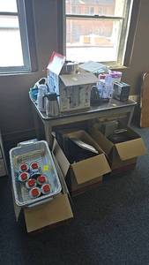 lot 139 image: Kitchen Appliances Lot with Coffee Maker, Toaster, Mixer, Pots, and Pans, table is included.