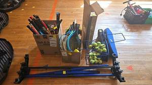 lot 157 image: Mixed Tennis Equipment Set with Rackets, Balls, Portable Net Stand