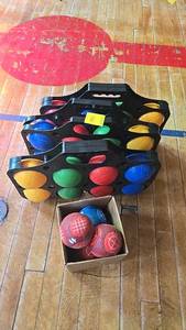 lot 165 image: Bocce Ball Set, 12 Balls, Plastic Racks, Small Box with Soft Balls