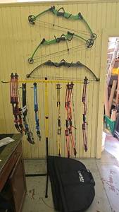 lot 172 image: (9) Genesis Compound Bow Set with Sanlida Cases and Bow Stand