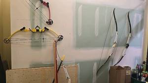 lot 174 image: Compound and Recurve Bows with Target Arrows, Various Colors. Parts, shovel and broom included.