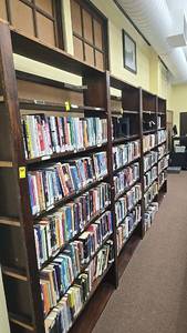 lot 200 image: Large Wooden Bookshelves with Integrated Ladder, Approx. 8 Shelves, Brown. Books NOT included.