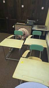 lot 233 image: (3) School Desks with Attached Chairs, Beige and Green, Integrated Armrest
