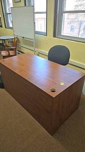 lot 239 image: Brown Office Desk with Chair, Wood and Fabric, Cable Management