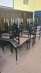lot 255 image: (18) Adjustable Height SchoolOffice Tables, Black Frame, Brown Top, Metal Legs