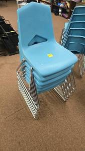 lot 260 image: (6) Blue Stackable Plastic Chairs, Metal Frame.
