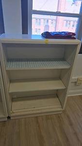 lot 270A image: White Three-Shelf Bookshelf with Decorative Molding and Adjustable Shelves, American Flag.