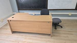 lot 274 image: Light Wood Office Desk with Dark Gray Swivel Chair, Cable Management