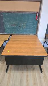 lot 279B image: (2) Office Desk with Wood Top and Metal Frame, Brown and Black, T-Shaped Legs