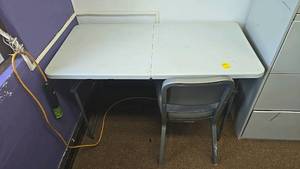 lot 283B image: White Folding Table, Plastic Surface with Metal Legs, 48x24x29 with chair.