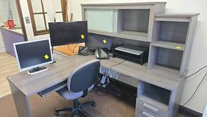 lot 284 image: Office Desk Set with ViewSonic & HP Monitors, Chair, Printer, Shelves. Laptop NOT included.