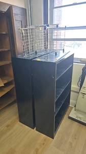 lot 286F image: Black Metal Storage Shelves with 3 Shelves and Wire Basket on Top