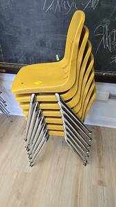 lot 287A image: (7) Yellow Stackable School Chairs, Plastic and Metal, Chrome Legs