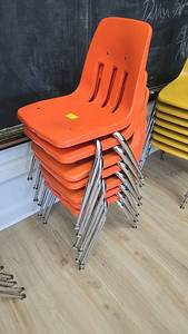 lot 287B image: (7) Orange Stackable School Chairs, Plastic Seat, Metal Legs
