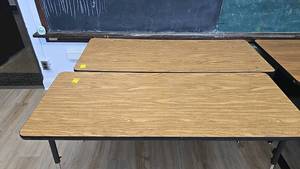 lot 289A image: (2) Table, Adjustable Height, Woodgrain Top, Black Legs