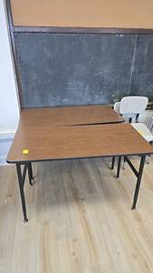 lot 289C image: (2) Brown School Tables, Laminate Top, Metal Legs, 48x30x30