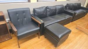 lot 293 image: Black Faux Leather Furniture Set, Contemporary Sofa, Armchair, Ottoman