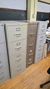lot 299 image: (3) Global Vertical File Cabinet, 4-Drawer, Lockable, Metal, BeigeBrownGray