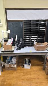 lot 300 image: ELMO Visual Presenter, Metal Table, Organizer, Microwave and contents.
