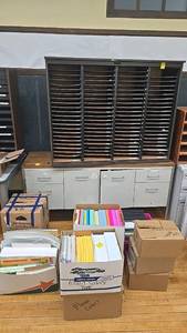 lot 301 image: Office Paper Storage Cabinet with 30 Shelves, Metal and Wood Construction