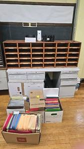 lot 301A image: Office Desk with 32-Compartment Pigeonhole Unit, Multi-Color Hanging File Folders