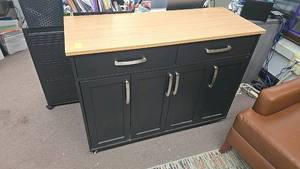 lot 304 image: Black and Wood Storage Cabinet with Drawers and Casters