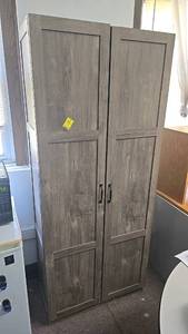 lot 310 image: Brown Double Door Storage Cabinet, 5 Shelves, Wood Finish