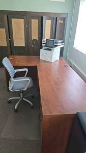 lot 312 image: Office Furniture Set - Desk and Chair with Cable Management, Cherry Finish