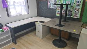 lot 315 image: L-Shaped Office Desk Set with Filing Cabinet, Beige and Black. (3) rectangular tables.