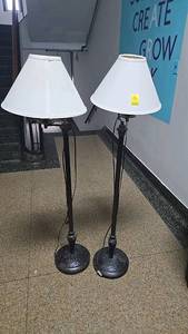 lot 316 image: (2) Bronze Floor Lamps with White Fabric Shades, Metal Construction