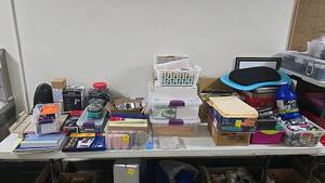 lot 319 image: Assorted Office Supplies Lot with Electronics, Postcards, Calculators