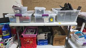 lot 322 image: Mixed Office Supplies, Including Staplers, Tape Dispensers, Various Colors, Folding Table