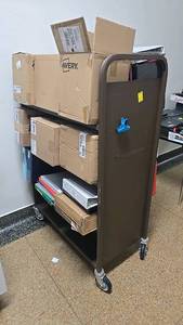 lot 331 image: Office Cart with 3 Shelves, Includes Binders and Boxes, Swivel Casters