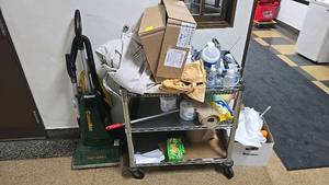 lot 355 image: CleanMax CMPS-3QD Commercial Vacuum Cleaner, Metal Cart and Cleaning Supplies