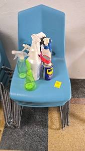 lot 359 image: (4) Stackable Blue Plastic Chairs with Metal Legs, Cleaning Supplies