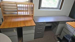 lot 366 image: Office Desk Set with Wood Top and Letter Organizer, 9 Drawers