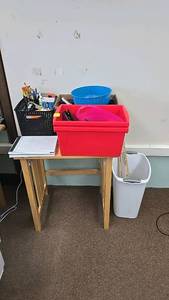 lot 500 image: Office Supplies with Storage Bins, Assorted Colors and Sizes, small table.