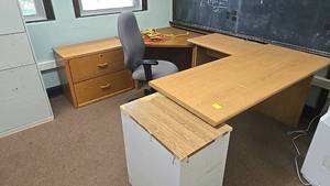 lot 502 image: L-Shaped Wood Office Desk, Filing Cabinet, Gray Swivel Chair Set